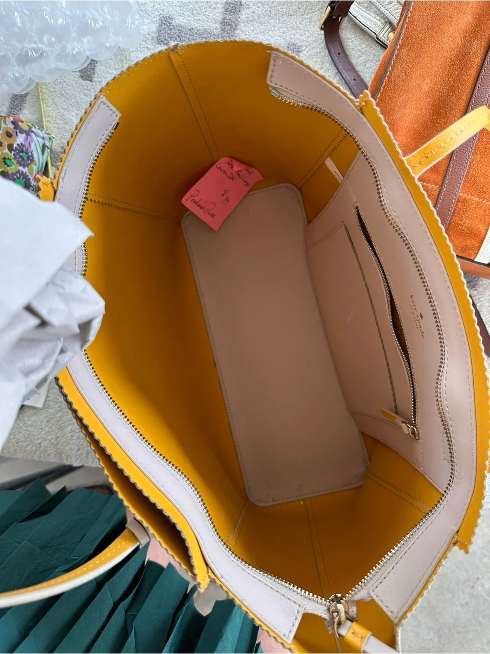 kate spade pale pink tote with yellow interior
